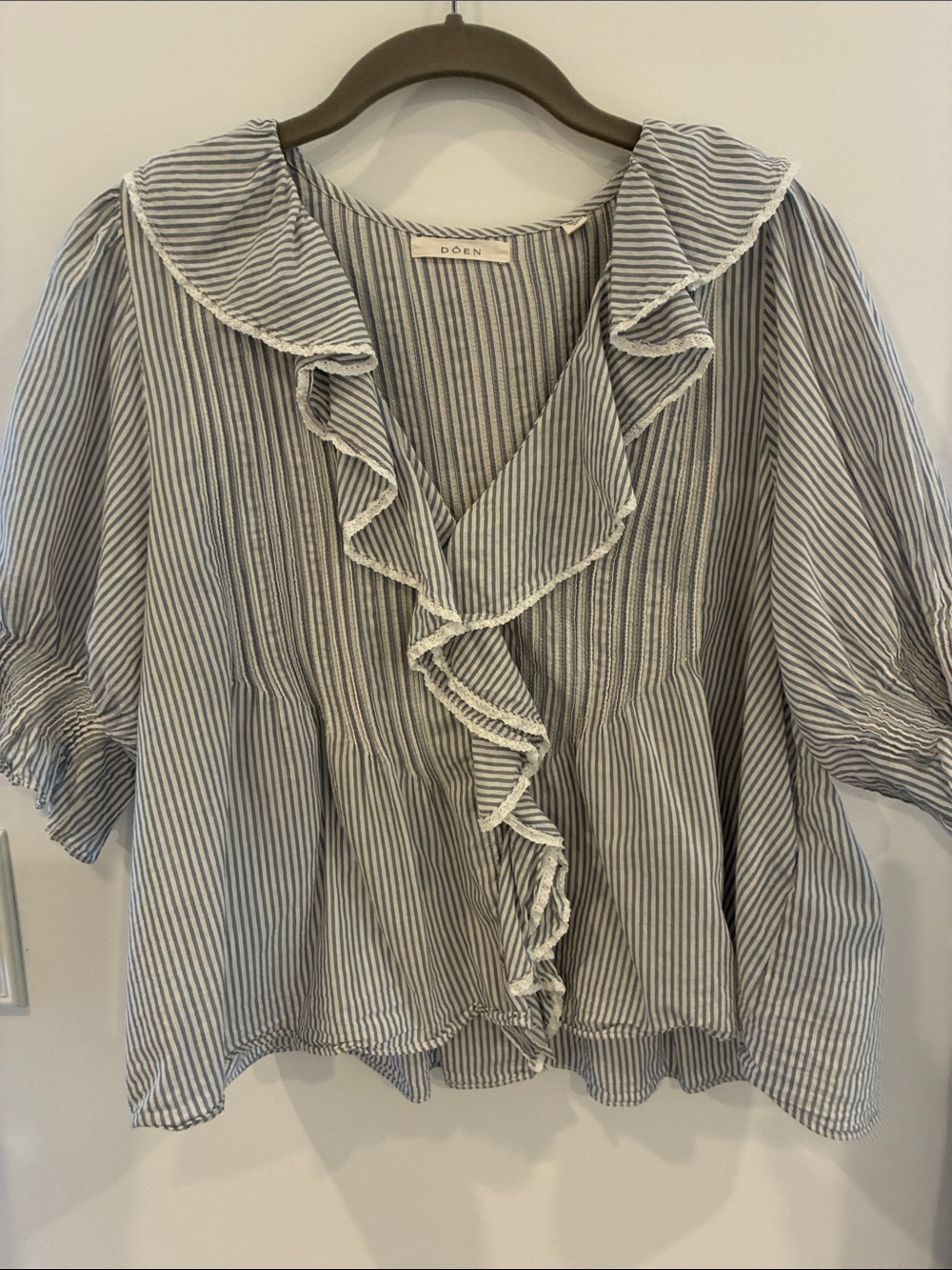 Doen Blue & White Striped Henri Ruffle Blouse